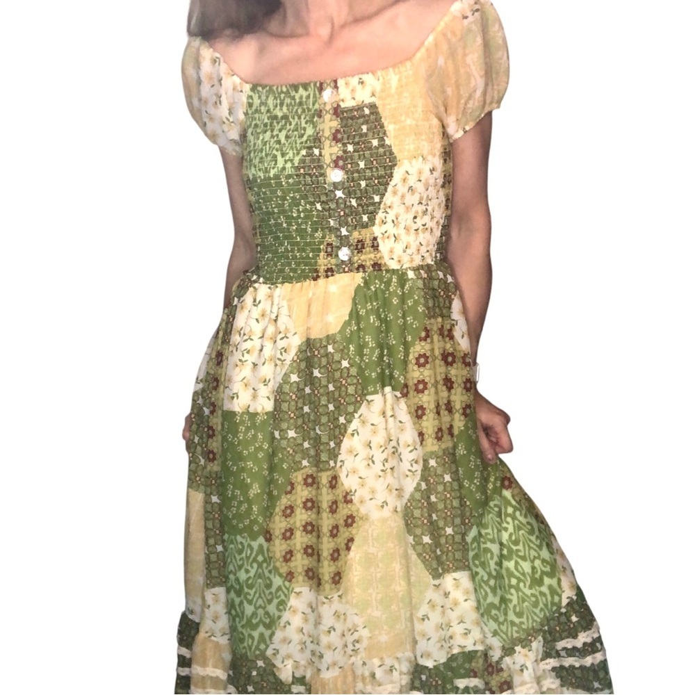 Her Destiny Boho Patchwork Milkmaid Cottagecore Dress Sz M Ruched Bodice Floral